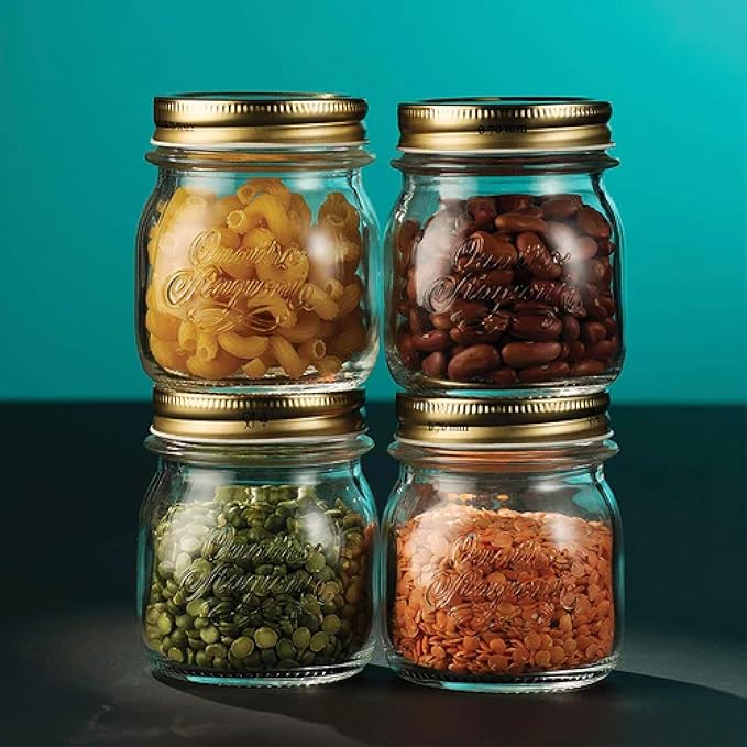 Bormioli Rocco Quattro Stagioni 8.5 Oz. Mason Jar (Set of 6) - Wide Mouth Glass Jar with Airtight Twist Lid - Classic Beehive Embossed Design for Canning, Storage & Recipes - Made in Italy, BPA Free