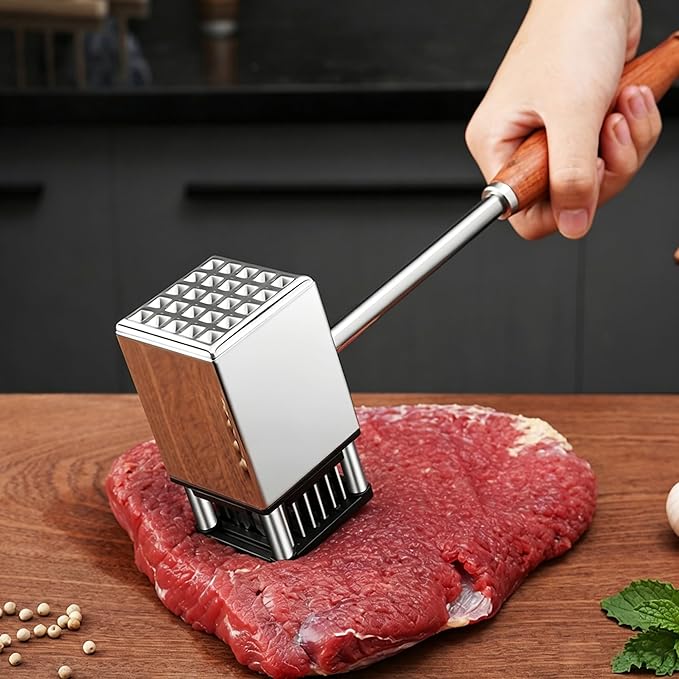 2 in 1 Stainless Steel Meat Tenderizer Hammer, Meat Mallet for Steak Pork | Non-Slip Rosewood Handle Meat Tenderizer, Dual Sides Heavy Duty Easy to Clean for Steak Beef Pork Poultry for Cooking Gift