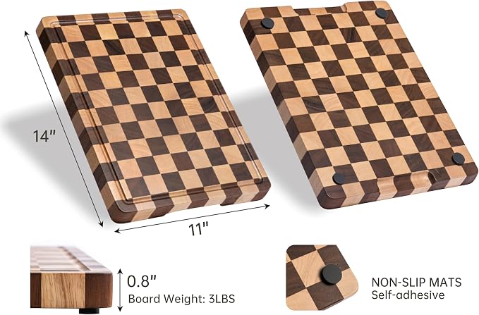 Cutting Boards for Kitchen, Checkered Wooden Cutting Board | 14"x11" Walnut End Grain Chopping Board with Juice Groove & Handle, Serving Tray for Prep Meat, Bread & Fruit