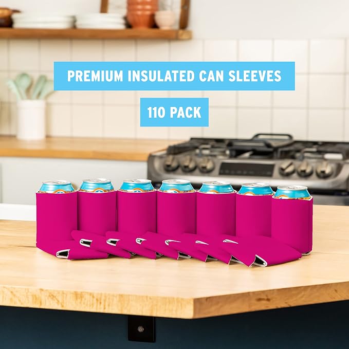 Blank Beer Can Cooler Sleeves (110-Pack) Soft Insulated Beer Can Coolies - HTV Friendly Blank Koolies in Bulk for Beer Cans & Bottles - Coolie Blanks for Vinyl Projects & Wedding Favors (Raspberry)