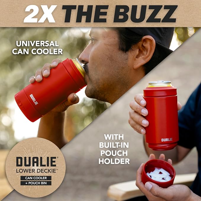 DUALIE Lower Deckie - Insulated 12 oz Can Cooler with Pouch Container - Universal Drink Holder with Built-in Pouch Bin - Choose Your Color
