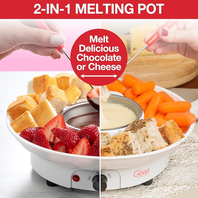 Electric Fondue Maker Set with Tray & 4 Forks for Chocolate and Cheese | 3-in-1 Chocolate Melter, Cheese Fondue Pot & Candy Warmer for Summer Parties, BBQs, Appetizers, Desserts & S’mores Setup
