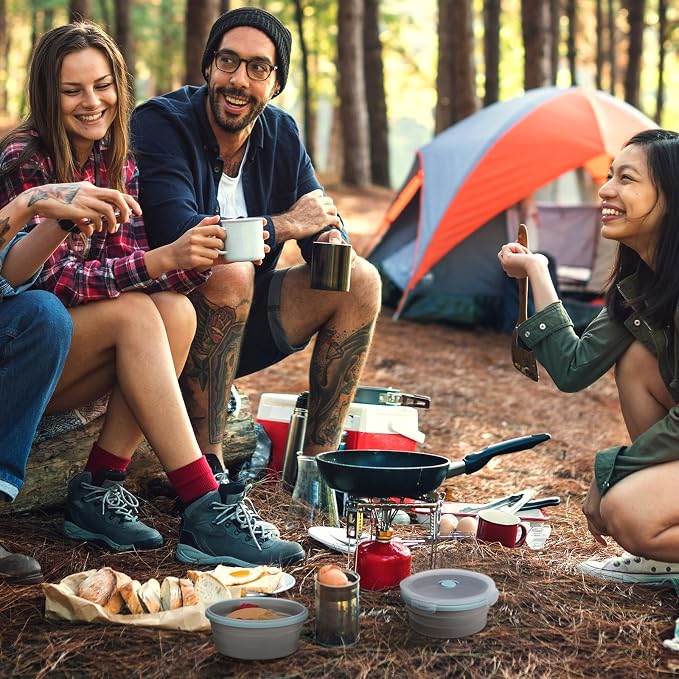4 Pcs Collapsible Bowls with Lids Silicone Camping Food Storage Container Expandable Folding Salad Lunch Box Travel Container for Hiking Camping