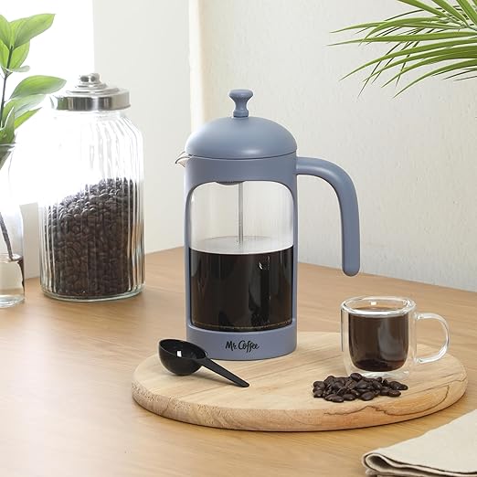 Mr. Coffee Retro Brew French Press Coffee Maker, 31-Ounce Glass Carafe with High Heat Resistant Durable Borasilicate Glass & Blue Frame and Plunger, Includes Coffee Scoop