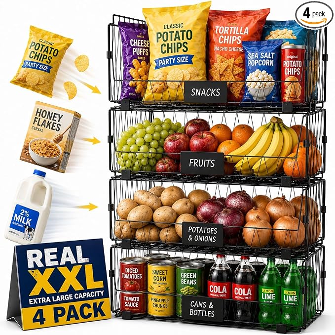 4 PACK XXL Stackable Wire Baskets for Pantry Organization and Storage | Heavy Duty Metal Wire Baskets with Labels,Open Front Pantry Bins for Kitchen,Snacks,Chips,Cans,Potatoes & Produce