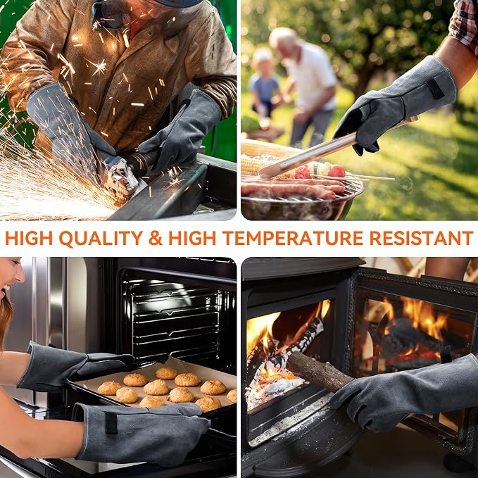 OZERO Welding Gloves: 932°F Heat Resistant Gloves, Black-Gray, 14 Inch | 1.2 mm Split Cowhide, Reinforced Palm, Long Cuff, for MIG TIG Stick Forge BBQ Grill Fireplace Fire Pit Wood Stove Oven