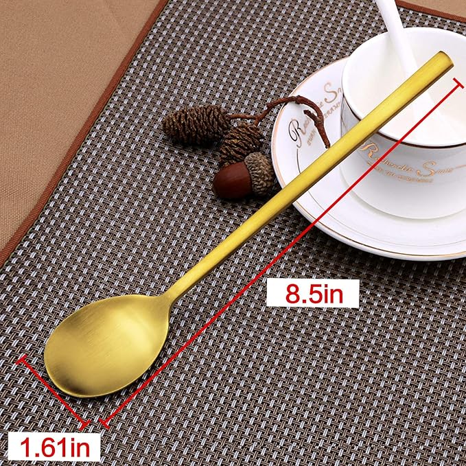 Korean Spoons - 8 Piece Stainless Steel Set, 8.5 Inch, Gold with Long Handles, Asian Cooking Spoons for Home, Kitchen or Restaurant