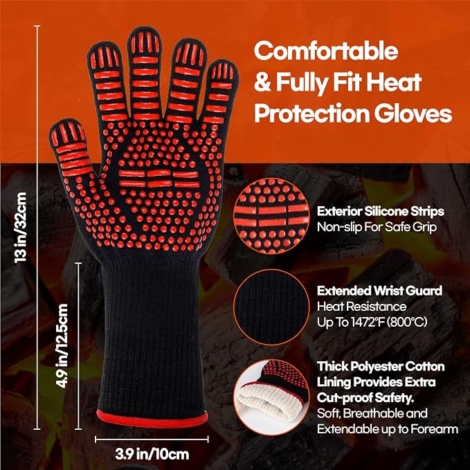 BBQ Gloves Heat and Flame Resistant Protection - Oven and Grill Gloves Hand Protection, Extended Wrist for Addtional Safety, Ideal for Outdoor Cooking, Grilling, Barbeque and Campfire (Red)