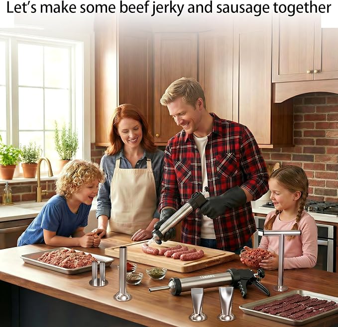 Professional Jerky Gun Kits, Sausage Maker, Stainless Steel Beef jerky gun for Ground Meat, Sausage Stuffer, Meat Gun with 5 Nozzles 5 Brushes 1 Meat Pusher & A Pair of Gloves, Kitchen Utensils Set