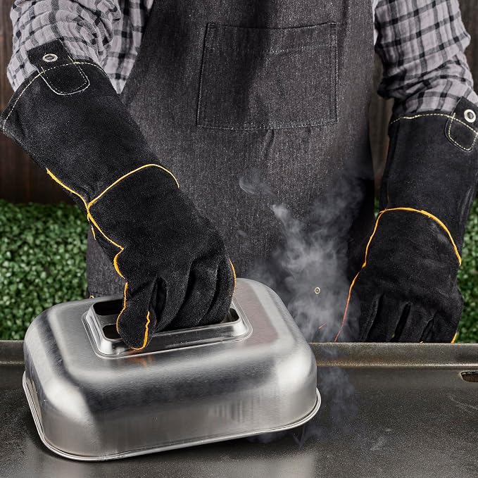 Extra Long Leather Gloves, Extreme High Heat Resistant Gloves, Rugged but Comfortable for Outdoor Cooking, Oven Use, Campfire, Bonfire, Grilling, Fire Pits, Hot Logs, Backyard BBQ by Mr Bar-B-Q 40113Y