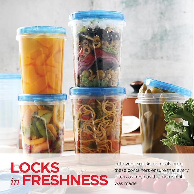 Tafura Freezer Containers, 12 Pack, 32 Oz, Leakproof BPA-Free Lids | Twist-top screw-on closures help prevent spills during storage, transport, and meal prep.