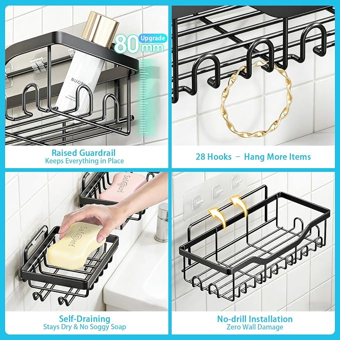 Fammart Adhesive Shower Caddy, 5-Pack Rustproof Stainless Steel Bathroom Organizer with 28 Hooks, No-Drill Large Capacity Shower Shelves for Bathroom Storage & Home Décor, Black