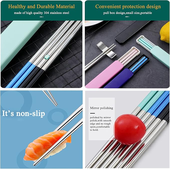 Chopsticks with Travel Case,Ultralight and Reusable for Camping 9'' 4PC | Portable,SUS304 Stainless Steel, with Case,Black Blue Green Light Blue, For Travel, Bento Box, Alternative to Wooden