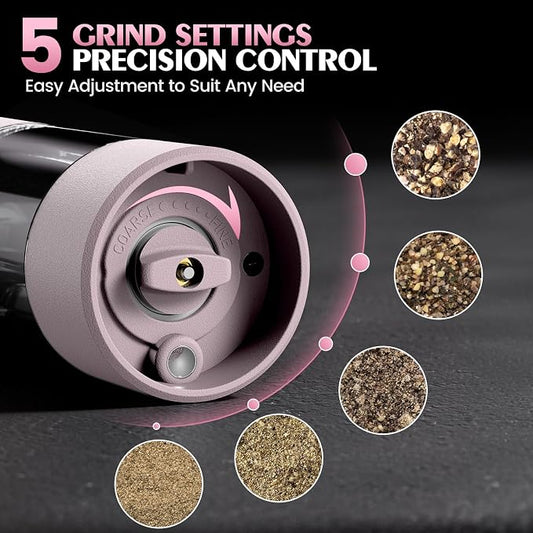 1 Pack Salt and Pepper Grinder-Birthday Gifts for Mom Automatic Battery Upgraded Larger Capacity Pink Salt Pepper Set New Apartment Gifts for Housewarming