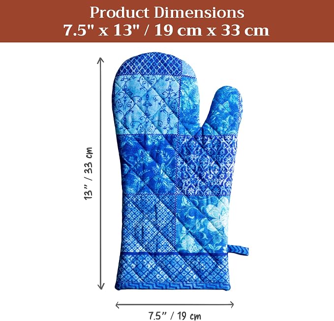 Maison d'Hermine Oven Gloves 100% Cotton Oven Mitt (7" x 13", Pack of 1) | With Loop Heat Resistant BBQ Cooking Gloves Baking Grilling Kitchen Handling Hot Pans Spring Summer - Indigo Love