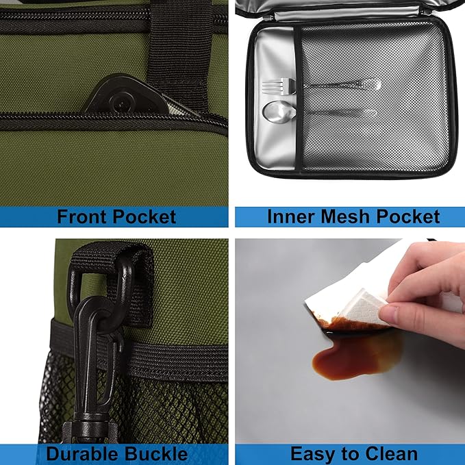 Lunch Bags for Women/Men, Insulated Lunch Bag for Work Office Picnic - Large Lunch Cooler Bag Leakproof Lunch Box with Adjustable Shoulder Strap for Adults - Army Green