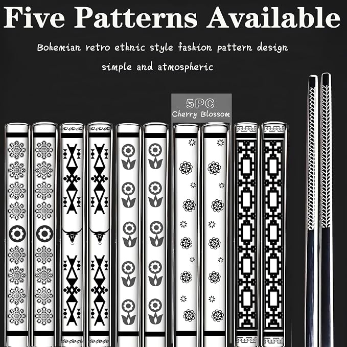 Metal Chopsticks Reusable,18/8 Stainless Steel,Silver,5PC Cherry Blossom | Gift Box Set,Square,Lightweight, Non-Slip,Laser Engraved Patterns No fade