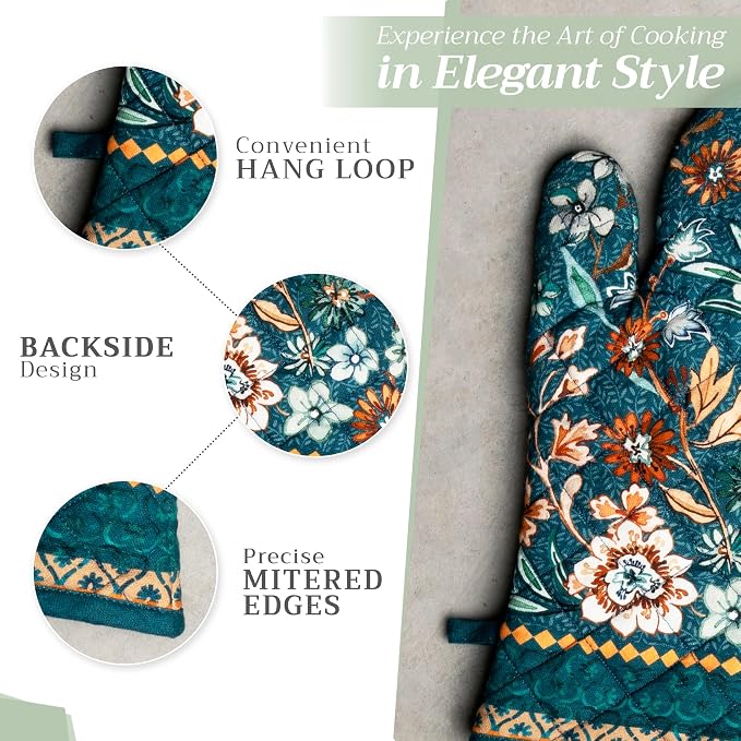 Maison d'Hermine Oven Gloves 100% Cotton Oven Mitt (7" x 13", Pack of 1) | With Loop Heat Resistant BBQ Cooking Gloves Baking Kitchen Handling Hot Pans Thanksgiving Christmas - Luxury Loft - Dark Teal