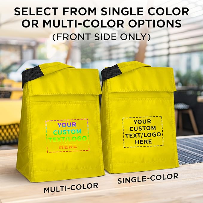 DISCOUNT PROMOS 50 Hook and Loop Insulated Lunch Bags Set - Customizable Text, Logo - Polyester, Durable, Vibrant, Reusable - Yellow