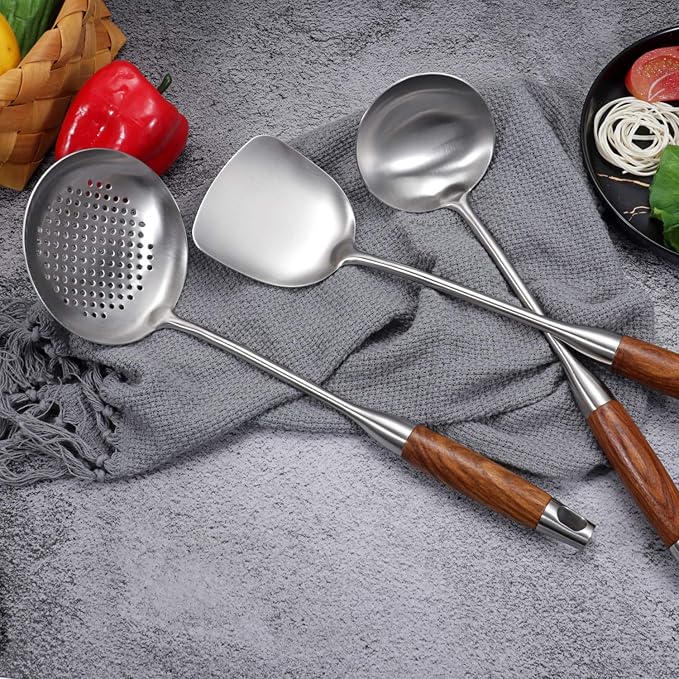 AOOSY Soup Ladle,304 Stainless Steel Cooking Ladle Spoon with Wooden Handle | 13.8 In Long Wood Handle Soup Spoon,Kitchen Utensil Wok Tool for Cooking, Gravy, Sauces