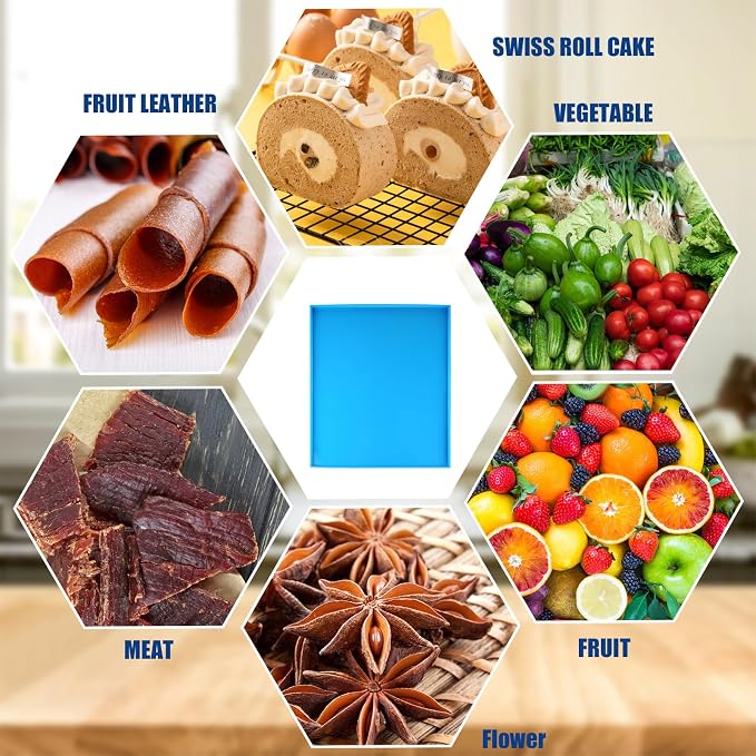 8PCS Silicone Dehydrator Trays with Edge Fruit Leather Trays 12 x 10 Inch | Non-stick Dehydrator Mats with Silicone Scraper Cutter Wheel for Fruit Vegetables Meat Herbs and Liquid