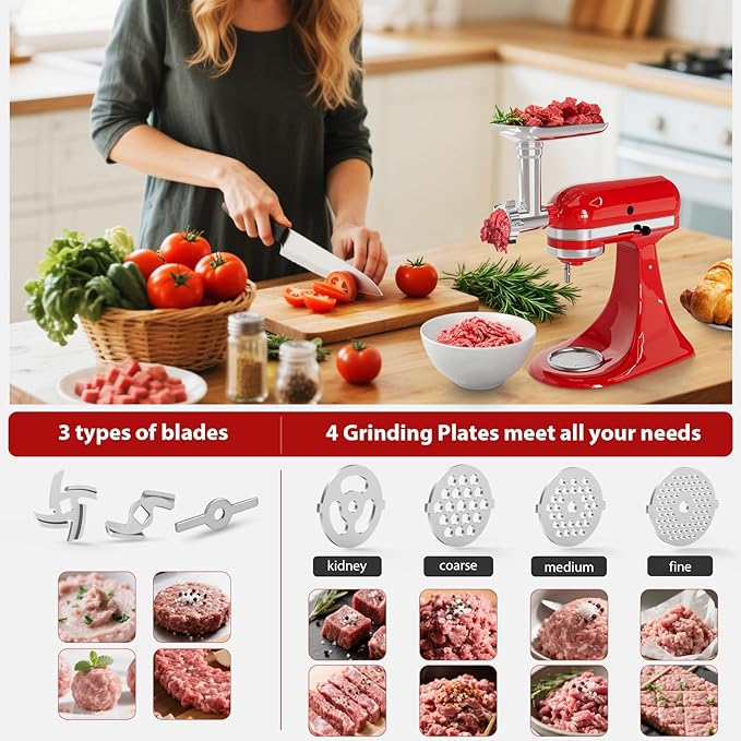 Meat Grinder & Cheese Grater Attachment for KitchenAid Stand Mixer | 21Pcs, 4 Grinding Plates, Metal Sausage Stuffer Tubes, 4 Slicer Shredder Attachment, Kitchen Aid Accessories and Attachments