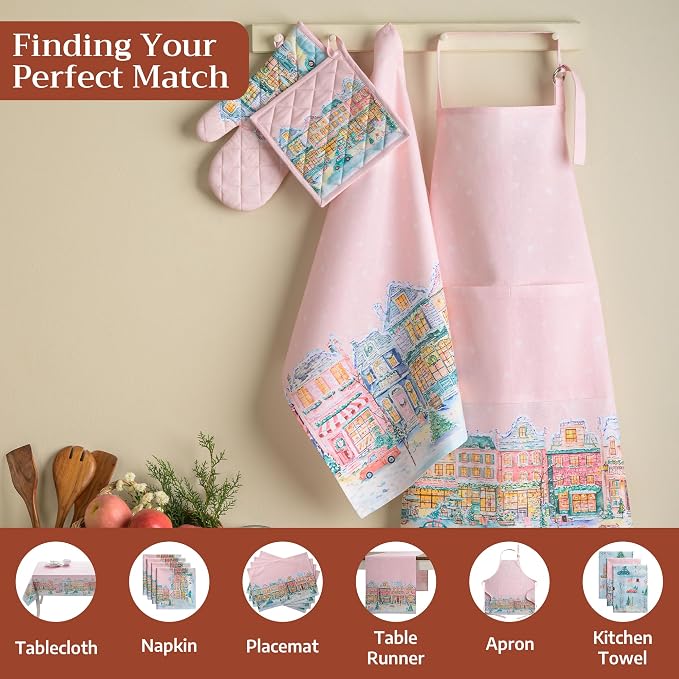 Maison d' Hermine 100% Cotton Oven Mitt & Pot Holder Set (7.5"x13" & 8"x8") | Heat Resistant BBQ Cooking Gloves with Loop Baking Kitchen Home Farmhouse Thanksgiving Christmas - Christmas Market - Pink