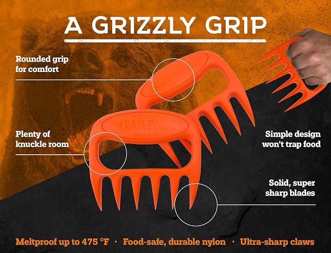 Bear Paws Meat Claws - The Original BBQ Meat Shredder Claws - Orange | Shredder Claws for Pulled Pork, USA Made - Easily Lift, Shred, Pull and Serve Pork, Chicken, Brisket and Turkey