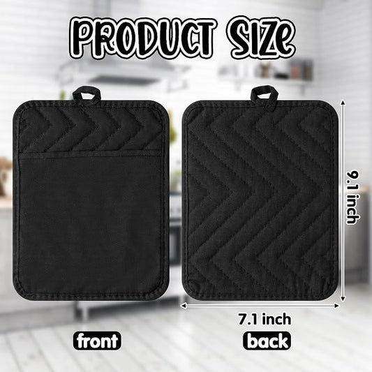 R HORSE 6Pcs Pot Holder with Pocket Black Check Pocket Pot Holder Set Cotton Plaid Kitchen Heat Resistant Potholder Non-Slip Potholder Oven Mitts Hot Pads Terry Cloth Pot Holders for Cooking Baking
