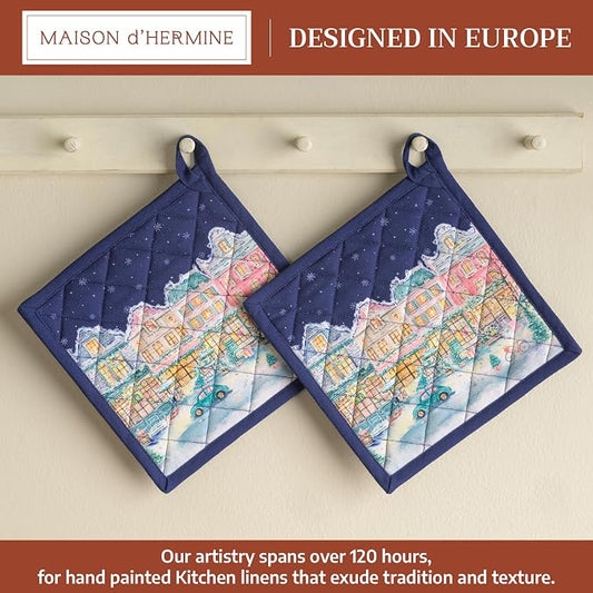 Maison d' Hermine Pot Holders 100% Cotton Potholders (8" x 8", Pack of 2) | Heat Resistant Hot Pads with Loop BBQ Cooking Kitchen Handling Hot Pans Thanksgiving Christmas - Christmas Market - Blue
