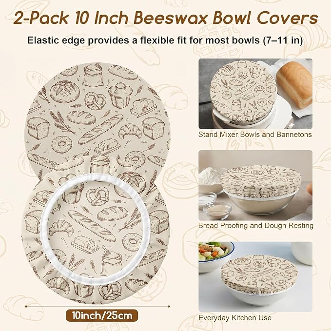 2Pcs Vintage Bakery Reusable Beeswax Bowl Covers Bread Sourdough Bowl Covers for Proofing Bakery Reusable Elastic Bread Sourdough Cover Wrap Dough Proofing Food Storage Kitchen Baking Supplies