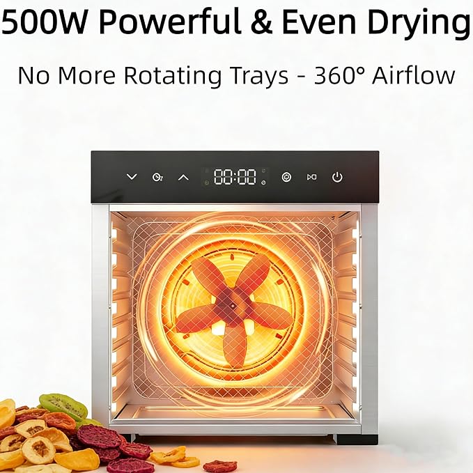 Simple Deluxe Food Dehydrator Machine, Fruit Dryer Machine with 8 Stainless Steel Trays, 24H Digital Timer 185°F Temperature Control, 500W Food Dryer for Jerky Meat Herb Fruit and Dog Treat, Silver