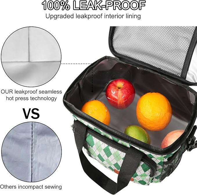 Lunch Bags for Women/Men, Insulated Lunch Bag for Work Office - Lunch Cooler Bag Leakproof Lunch Box with Adjustable Shoulder Strap - Green plaid