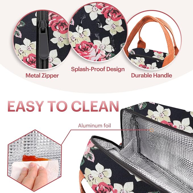 Lunch Bag for Women & Men Adult Insulated Lunch Box, Small Leakproof Cooler Food Lunch Containers Reusable High Capacity Lunch Tote Bags for Work, Travel, Outdoor - Black Rose