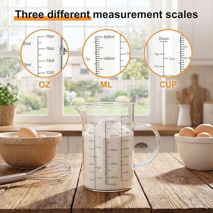 Graduated Glass Measuring Cup With Handle 500ML (16Oz, 2Cups) | High Borosilicate Liquid Measuring Cup for Baking Cooking Kitchen V-Shaped Spout Glass Measuring Beaker Easy To Read