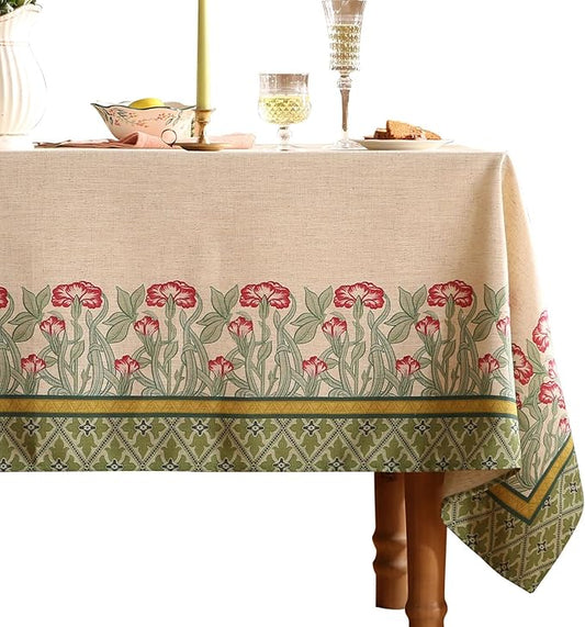 patdrea Designer Green Extra Long Tablecloth for Rectangle Table,Vintage Linen Leaves Pattern Table Cloth,Colorful Floral Cover Decor for Kitchen Dining Christmas Thanksgiving,67"x118"-Cecilia D