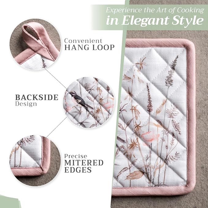 Maison d' Hermine Pot Holders 100% Cotton Potholders (8" x 8", Pack of 2) | Heat Resistant Hot Pads with Loop BBQ Cooking Farmhouse Kitchen Handling Hot Pans Spring Summer - Meadow Florals - Brown