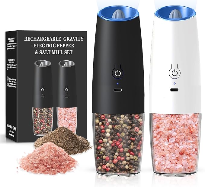 Rechargeable Salt And Pepper Grinder Set with LED Light, Automatic Electric Gravity Salt And Pepper Shakers Set, No Battery Needed, Adjustable Roughness, 2 Pack (Black+White)