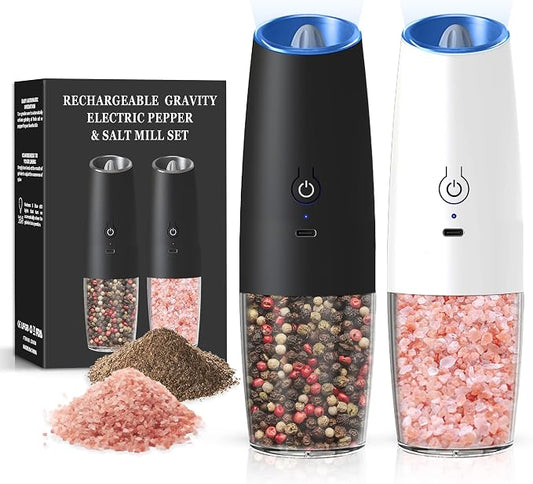 Rechargeable Salt And Pepper Grinder Set with LED Light, Automatic Electric Gravity Salt And Pepper Shakers Set, No Battery Needed, Adjustable Roughness, 2 Pack (Black+White)