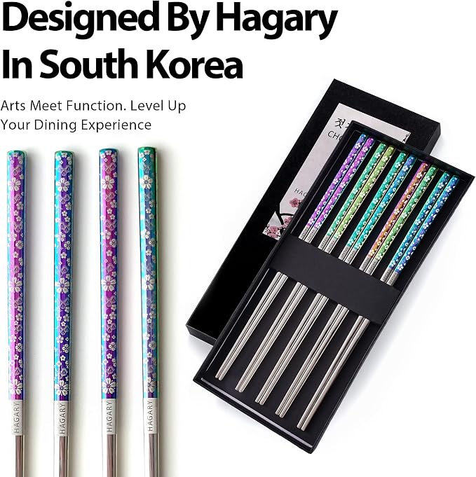 Hagary Cherry Blossom Rainbow Chopsticks Metal Chopsticks Reusable Designed In Korea Japanese Style Stainless Steel 316 18/10 Non-Slip Dishwasher Safe (5 Pairs)