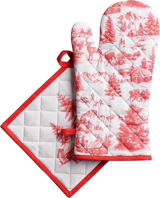 Maison d' Hermine 100% Cotton Oven Mitt & Pot Holder Set (7.5"x13" & 8"x8") | Heat Resistant BBQ Cooking Gloves with Loop Baking Grilling Kitchen Hotel Home Farmhouse Thanksgiving Christmas - Winter Jouy