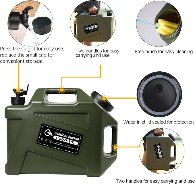 COOZMENT 3.2 Gallon/5 Gallon Water Containers with Spigot, BPA Free Water Jug, Military Green Water Tank, Multifunction Water Storage Containers for Camping Outdoor Hiking,Emergency Storage