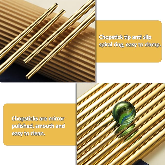 Gold Stainless Steel Chopsticks - Reusable Chopsticks - 5 Pairs Dishwasher Safe Metal Chopsticks - Easy to Use - Pressure Line Lightweight Chop Sticks- Gift Set（9 Inch ）