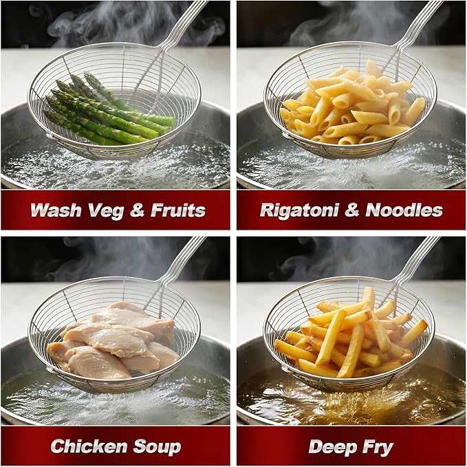 IQCWOOD Spider Strainer Skimmer Spoon Stainless Steel, 6.3" | Stainless Steel Fryer Scoop for Deep Frying, Pasta and Vegetable, Kitchen Utensil Wire Strainer Ladle Dishwasher Safe