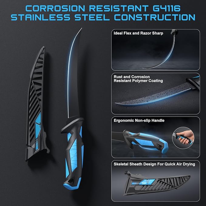 Fillet Knife Kit Combo,Fishing Gear and Gifts for Men | Fishing Knives with Sheath,and Honing Rod,Ultra-Sharp G4116 Blades,Corrosion-Resistant,Non-Slip Handle,Durable Storage Bag