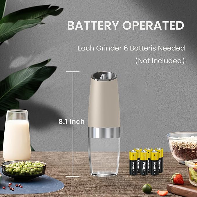 Battery Operated Salt And Pepper Grinder Set with LED Light, Automatic Electric Gravity Salt And Pepper Shakers Set, Each 6 AAA Batteries Needed, Adjustable Roughness, 2 Pack (Khaki)