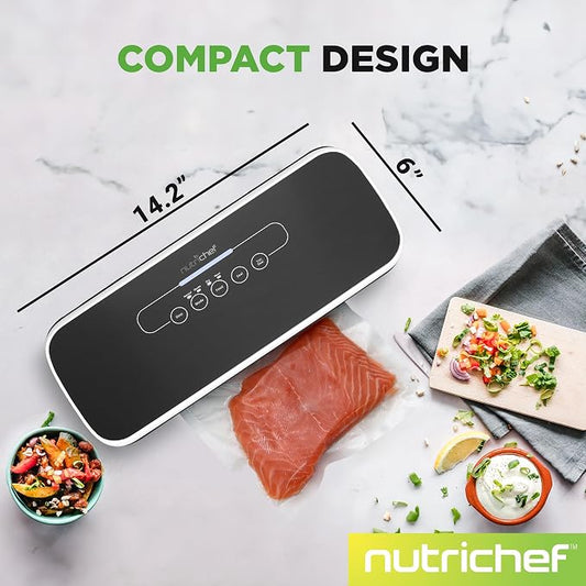 NutriChef Vacuum Sealer Machine for Food – Automatic Food Sealer with Dry & Moist Modes, LED Controls, Starter Kit with Bags, Roll, Hose & Wine Stopper, Compact (Black)