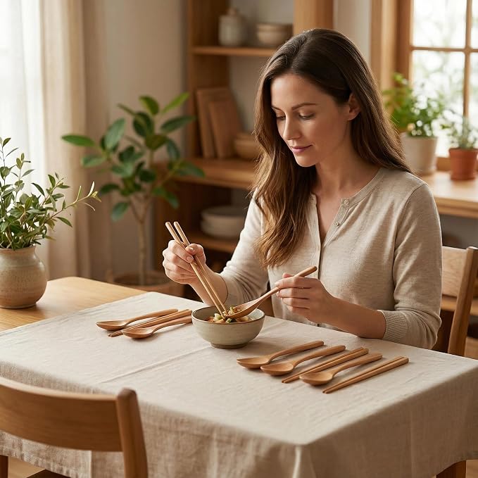 Handmade Wooden Cutlery Set by Diulazin - 4PCS Reusable Spoon and Chopsticks, High-Grade for Daily Use, Parties, Banquets, Buffets, Catering - Eco-Friendly, 9 Inch (Style E)