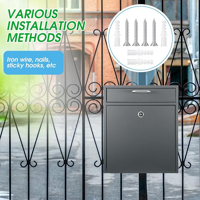 Yaocom Locking Mailbox with Key for Outdoor 12 x 10.5 x 4.7 Inches Large Wall Mount Mail Box with Lock Security Mail Drop Metal Collection Boxes Hanging Secure Postbox(Dark Gray)