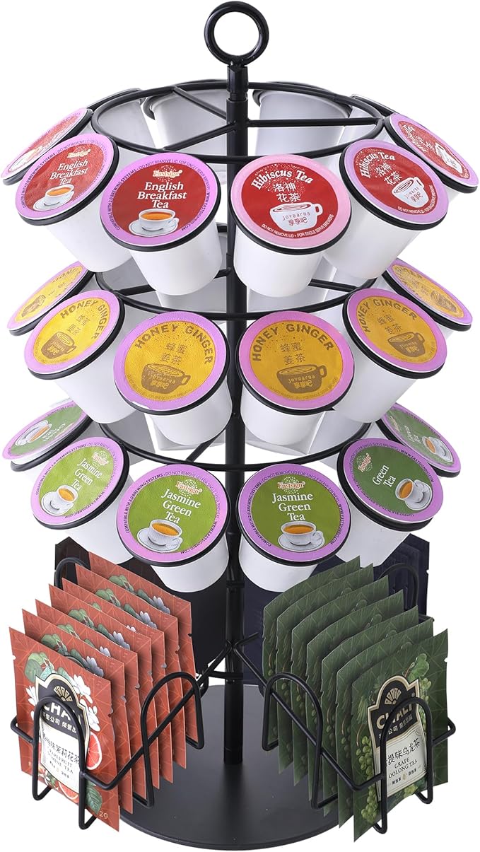 Coffee Pod Holder for Keurig & Tea Bag Organizer, K-Cup Holder Compatible with 36 K-Cups Pods, 60 Tea Bags, Spins 360-Degrees Carousel Stand, Coffee Pod Tea Bag Storage Stand Organizer for Countertop